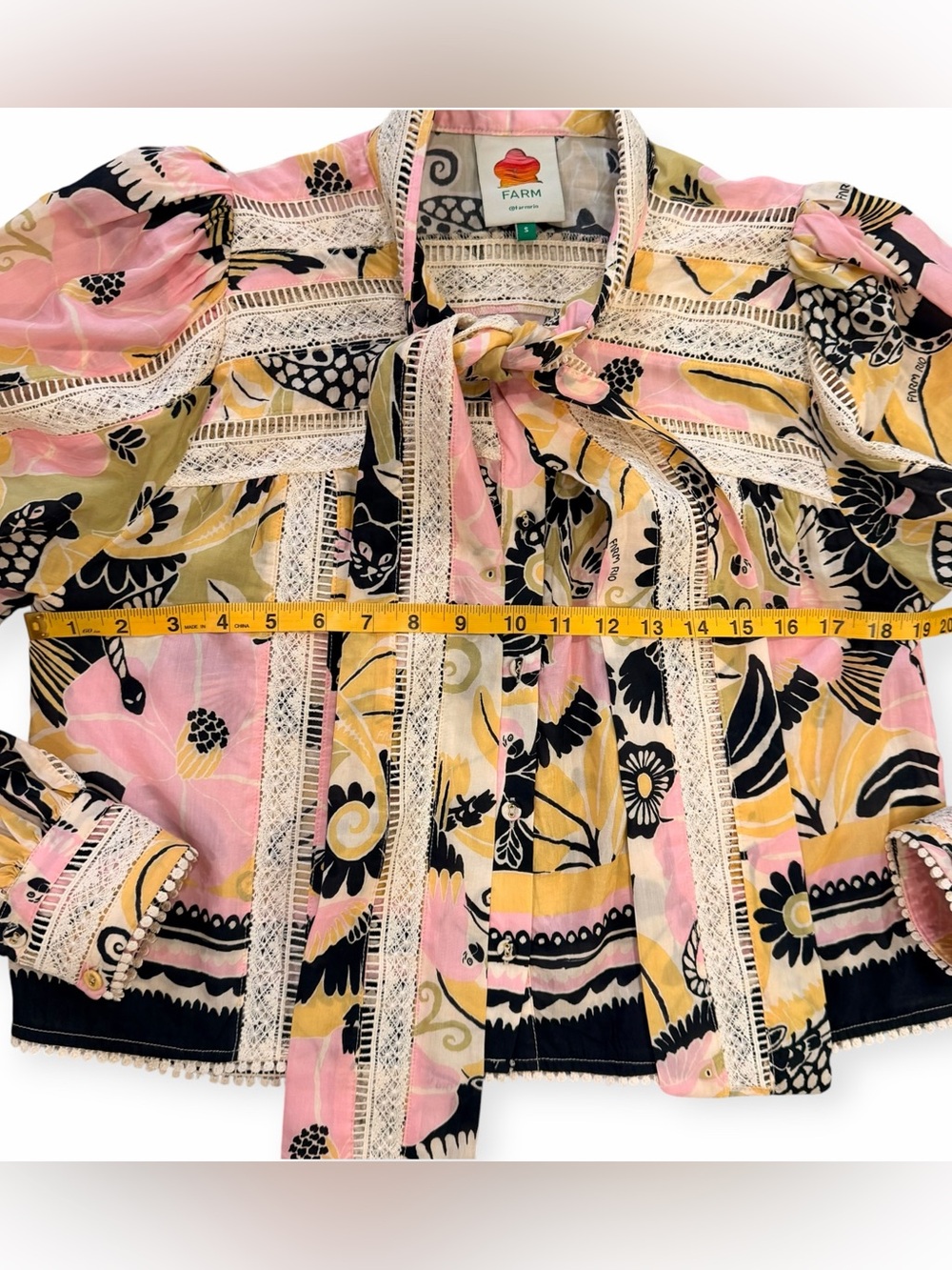 FARM Rio Vintage Forest Lace Trim Tie Front Blouse S Pink Floral - Picture 3 of 13